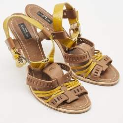 Etro Beige/Lime Green Patent and Leather Perforated Ankle Strap Sandals Size 39