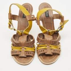 Etro Beige/Lime Green Patent and Leather Perforated Ankle Strap Sandals Size 39