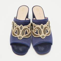 Etro Navy Blue Satin Slide Sandals Size 40