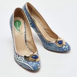 Pre Owned Etro Blue/White Paisley Print Coated Canvas Embellished Pumps Size 37.5