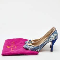 Pre Owned Etro Blue/White Paisley Print Coated Canvas Embellished Pumps Size 37.5