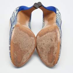 Pre Owned Etro Blue/White Paisley Print Coated Canvas Embellished Pumps Size 37.5