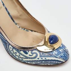 Pre Owned Etro Blue/White Paisley Print Coated Canvas Embellished Pumps Size 37.5