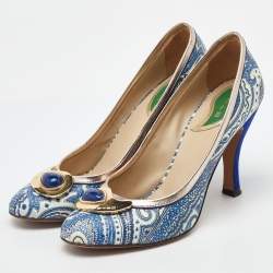 Pre Owned Etro Blue/White Paisley Print Coated Canvas Embellished Pumps Size 37.5
