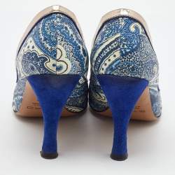 Pre Owned Etro Blue/White Paisley Print Coated Canvas Embellished Pumps Size 37.5