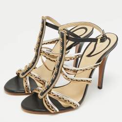 Pre Owned Etro Size 40 Black/Gold Leather Chain Embellished Ankle Strap Sandals