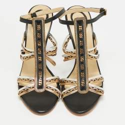 Pre Owned Etro Size 40 Black/Gold Leather Chain Embellished Ankle Strap Sandals