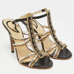 Pre Owned Etro Size 40 Black/Gold Leather Chain Embellished Ankle Strap Sandals