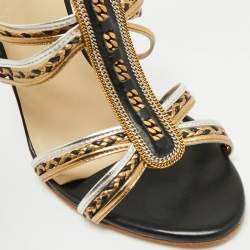Pre Owned Etro Size 40 Black/Gold Leather Chain Embellished Ankle Strap Sandals
