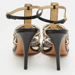 Pre Owned Etro Size 40 Black/Gold Leather Chain Embellished Ankle Strap Sandals