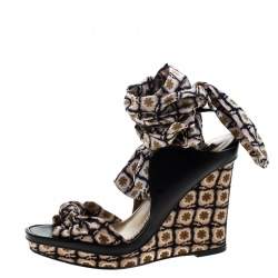 Etro Multicolor Satin and Leather Platform Wedge Tie Up Sandals Size 37