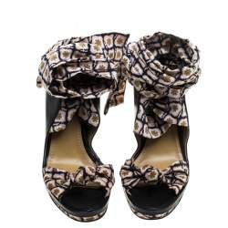 Etro Multicolor Satin and Leather Platform Wedge Tie Up Sandals Size 37