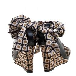 Etro Multicolor Satin and Leather Platform Wedge Tie Up Sandals Size 37