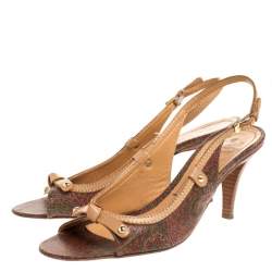 Etro Brown Paisley Print Coated Canvas and Leather Open Toe Slingback Sandals Size 39.5