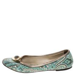 Etro Green Paisley Printed Coated Canvas Embellished Ballet Flats Size 40