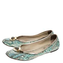Etro Green Paisley Printed Coated Canvas Embellished Ballet Flats Size 40