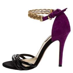 Etro Black/Purple Patent And Suede Chain Embellished Ankle Strap Sandals Size 36