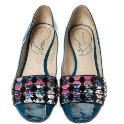 Etro Blue Patent And Multicolor Embossed Python Trim Ballet Flats Size 37