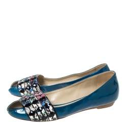 Etro Blue Patent And Multicolor Embossed Python Trim Ballet Flats Size 37