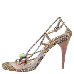 Etro Multicolor Fabric Paisley Print Strappy Embellished Open Toe Ankle Strap Sandals Size 40