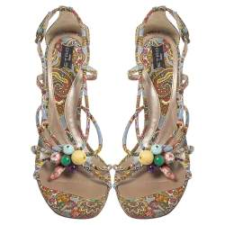 Etro Multicolor Fabric Paisley Print Strappy Embellished Open Toe Ankle Strap Sandals Size 40