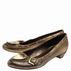 Pre Owned Etro Metallic Gold Leather Buckle Detail Studded Flats Size 38