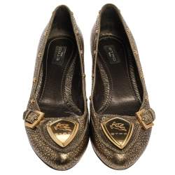 Pre Owned Etro Metallic Gold Leather Buckle Detail Studded Flats Size 38