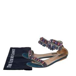 Pre Owned Etro Teal Suede Crystal Embellished Ankle Strap Flat Sandals Size 39