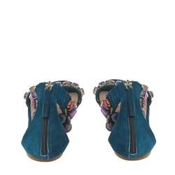 Pre Owned Etro Teal Suede Crystal Embellished Ankle Strap Flat Sandals Size 39