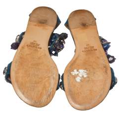 Pre Owned Etro Teal Suede Crystal Embellished Ankle Strap Flat Sandals Size 39