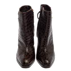 Etro Brown Croc Embossed Leather Ankle Platform Boots Size 40