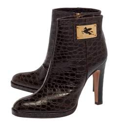 Etro Brown Croc Embossed Leather Ankle Platform Boots Size 40