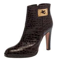 Etro Brown Croc Embossed Leather Ankle Platform Boots Size 40