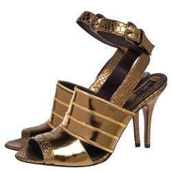  Etro Gold Python Embossed And Leather Ankle Wrap Sandals  Size 40