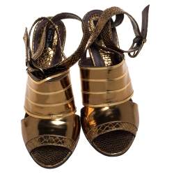  Etro Gold Python Embossed And Leather Ankle Wrap Sandals  Size 40