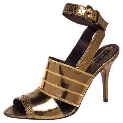 Etro Gold Python Embossed And Leather Ankle Wrap Sandals  Size 40