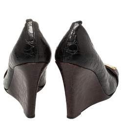 Etro Black/Burgundy Croc Embossed Leather Embellished Open Toe Wedge Pumps Size 40.5