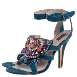 Pre Owned Etro Blue Suede Embellished Open Toe Ankle Strap Sandals Size 41