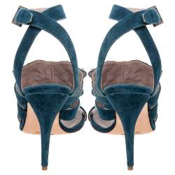 Pre Owned Etro Blue Suede Embellished Open Toe Ankle Strap Sandals Size 41