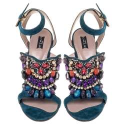 Pre Owned Etro Blue Suede Embellished Open Toe Ankle Strap Sandals Size 41