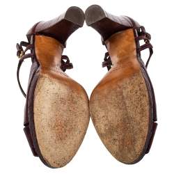 Pre Owned Etro Brown Croc Embossed Leather Peep Toe T Strap Sandals Size 37.5