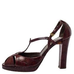 Pre Owned Etro Brown Croc Embossed Leather Peep Toe T Strap Sandals Size 37.5