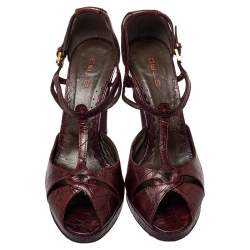 Pre Owned Etro Brown Croc Embossed Leather Peep Toe T Strap Sandals Size 37.5