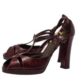 Pre Owned Etro Brown Croc Embossed Leather Peep Toe T Strap Sandals Size 37.5