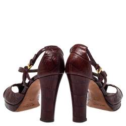 Pre Owned Etro Brown Croc Embossed Leather Peep Toe T Strap Sandals Size 37.5