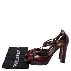 Pre Owned Etro Brown Croc Embossed Leather Peep Toe T Strap Sandals Size 37.5