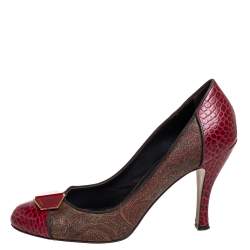 Etro Red/Brown Croc Embossed And Coated Canvas Bow Detail Pumps Size 40