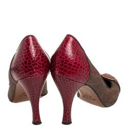 Etro Red/Brown Croc Embossed And Coated Canvas Bow Detail Pumps Size 40