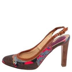 Pre Owned Etro Brown Paisley Print Coated Canvas and Leather Trim Slingback Pumps Size 37