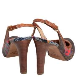 Pre Owned Etro Brown Paisley Print Coated Canvas and Leather Trim Slingback Pumps Size 37